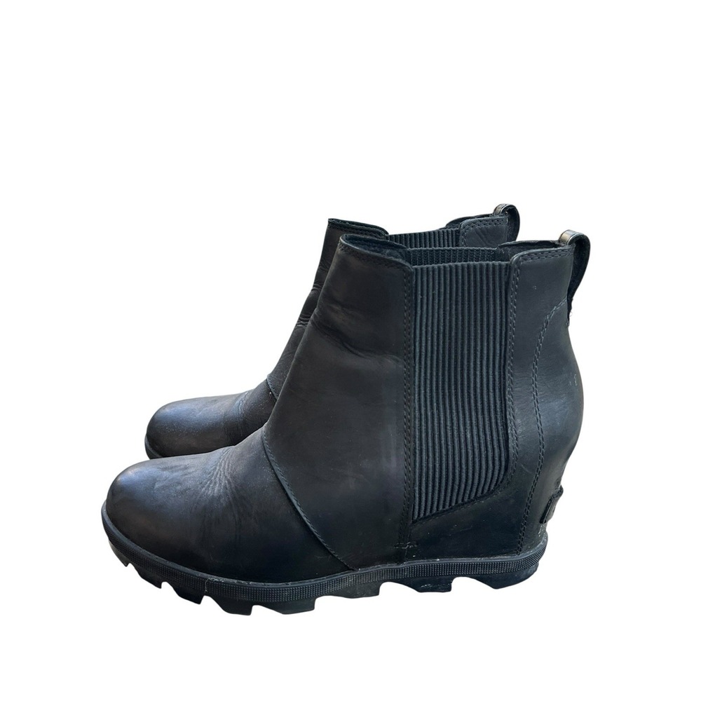 SOREL Joan of Arctic II Womens 8.5 Black Wedge Ankle Boots Side Zipper Lug Sole